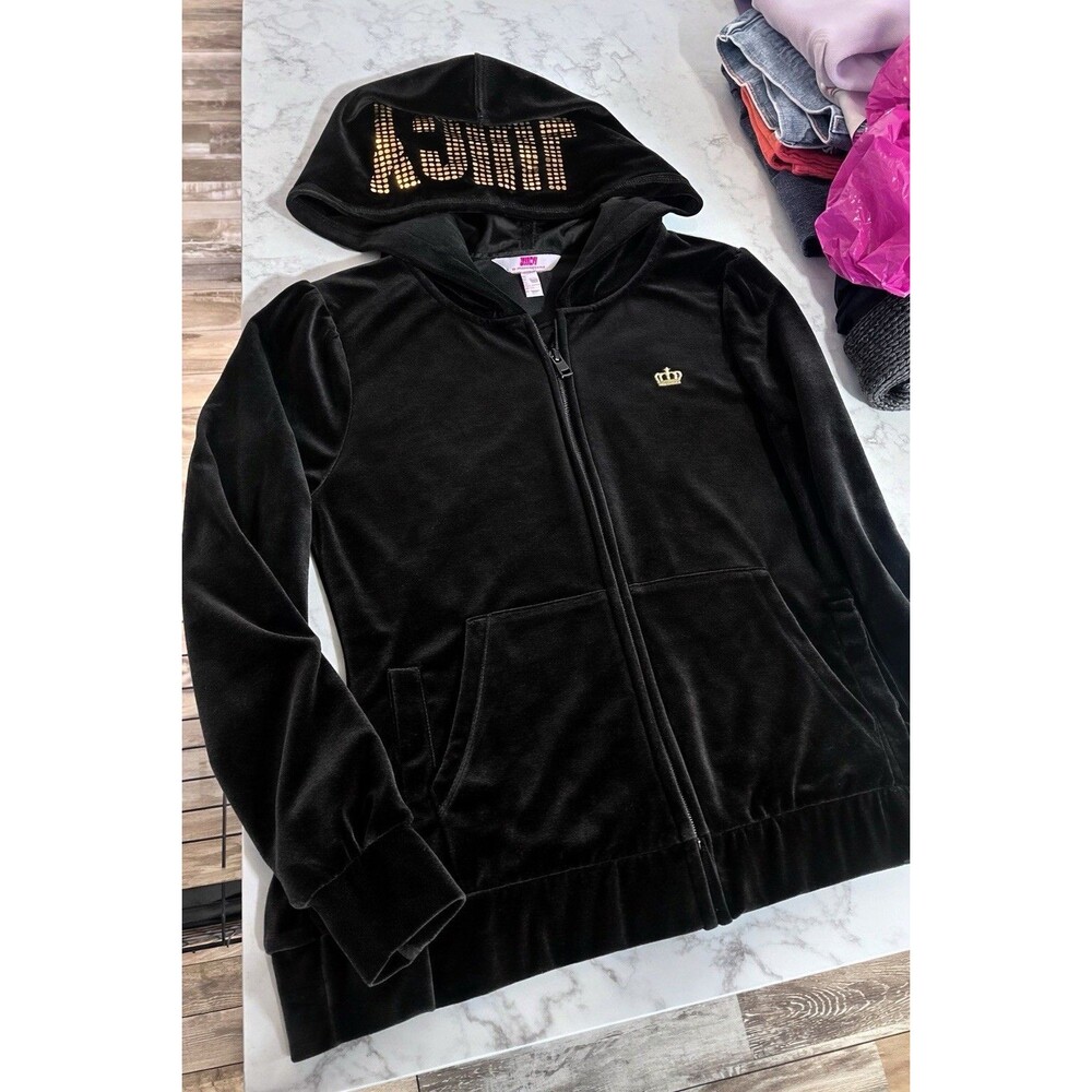 Juicy Couture Women's Black Velour Full Zip Hooded Hoodie L Plus Plus Size